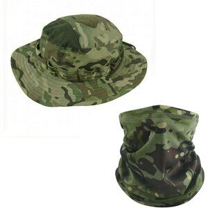 Unisex Green Camo Wide Brim Boonie Neck Gaiter Breathable Classic Bucket Sun Hat